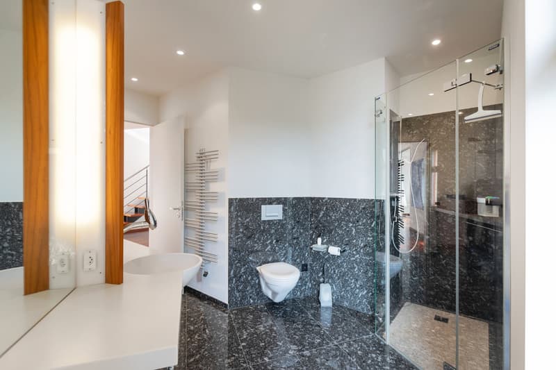 modern bathroom with white sink, black and white marble tiles, glass door shower, toilet