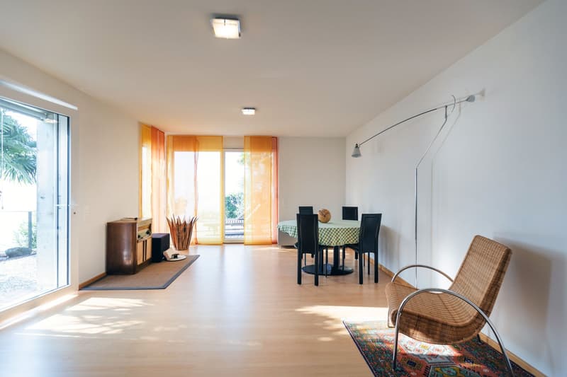 modern design, sliding glass doors, wooden flooring, wall-mounted lights, dining table with chairs, wicker chair, oriental rug, floor-to-ceiling window