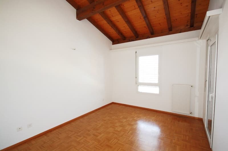 wooden floor, wooden ceiling, white walls, window, radiator