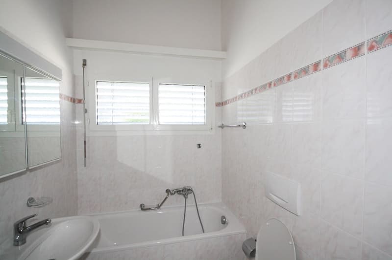 Bathroom with bathtub, toilet, sink, and mirror