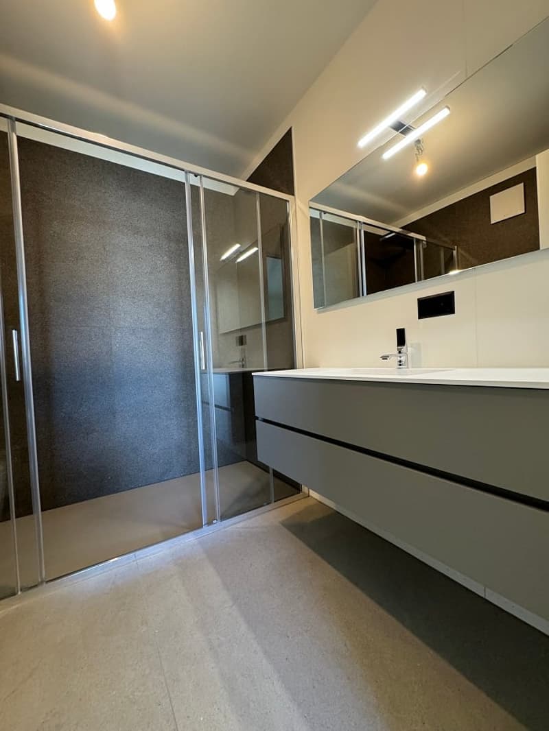 modern bathroom with a glass shower, vanity with two drawers, white countertop, and a mirror