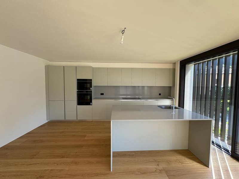 modern kitchen with grey cabinets, white countertops, wooden floor, double sink, oven, dishwasher, open window with sliding blinds