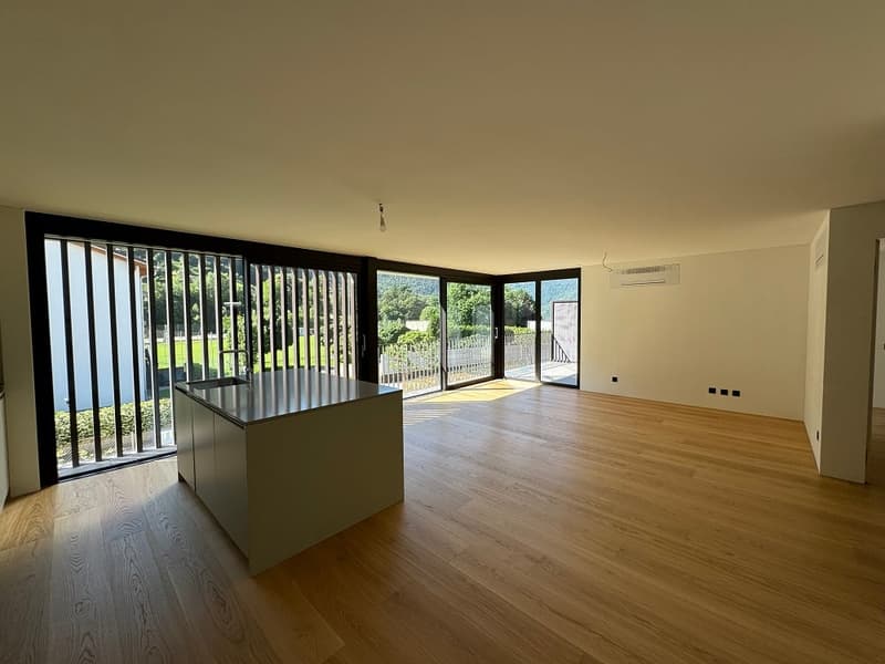 wooden floors, large windows, modern counter, balcony