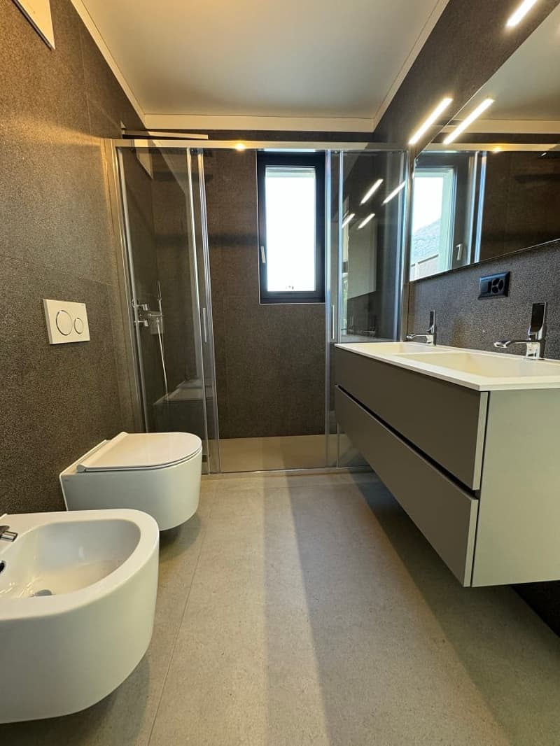modern bathroom, double sink, separate shower, white toilet, gray walls
