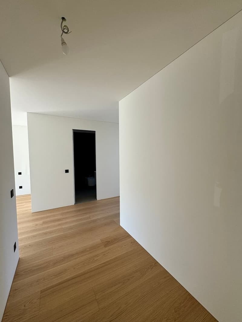 empty room, wooden floor, white walls, single light fixture