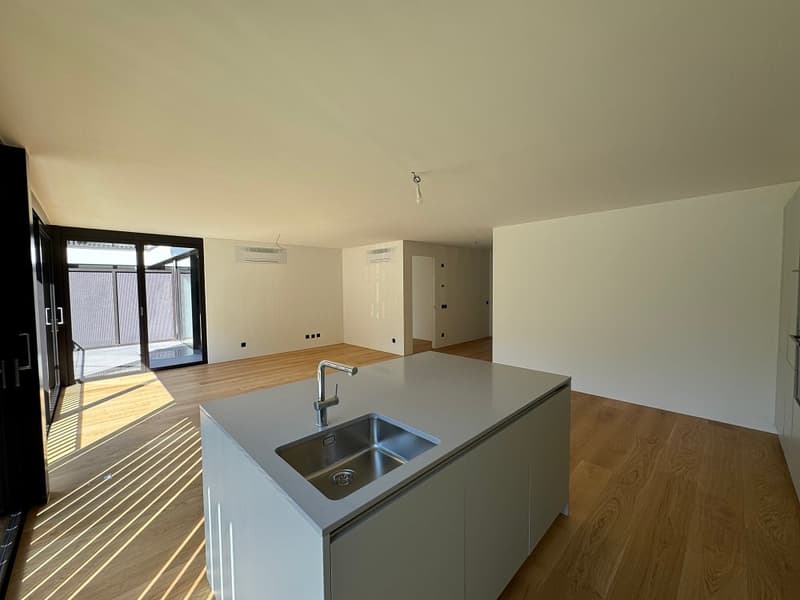 Open-concept living space with hardwood floors, large windows, and a kitchen island with a sink. The apartment has access to a balcony or terrace.
