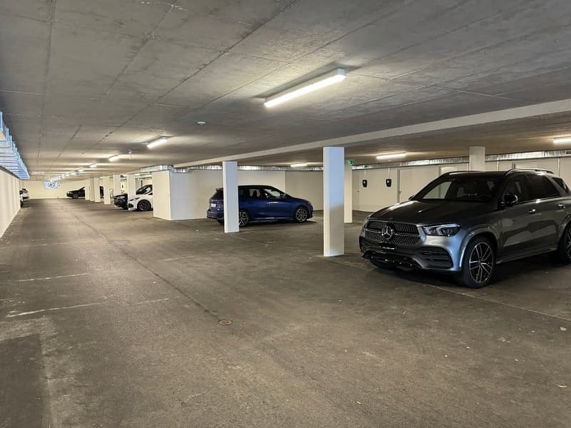 Underground parking garage with concrete floors and walls, multiple parked vehicles including a blue hatchback and a gray SUV