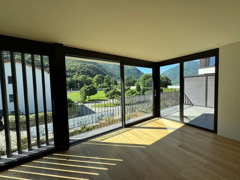 Large windows with a view of the mountains and greenery, hardwood flooring, open and spacious layout
