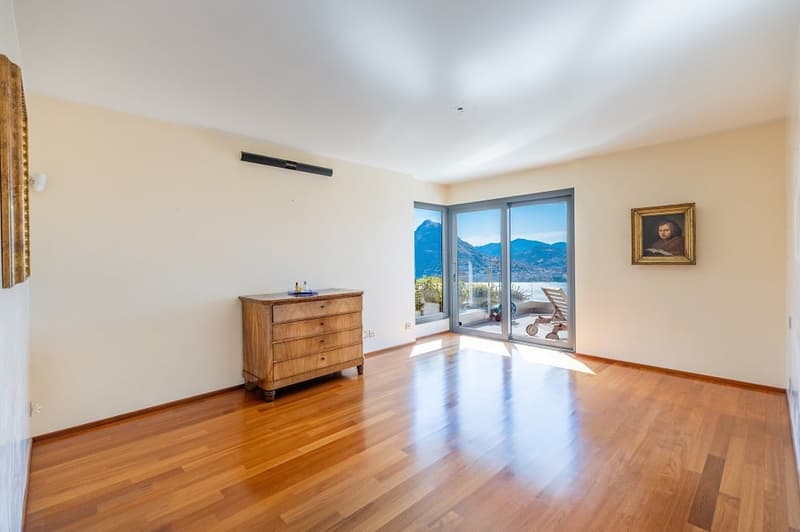 wooden floor, wooden cabinet, sliding glass door, balcony, painting, view