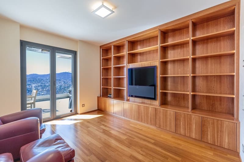 wooden floor, large windows, built-in wooden shelves, flat screen TV, leather couches