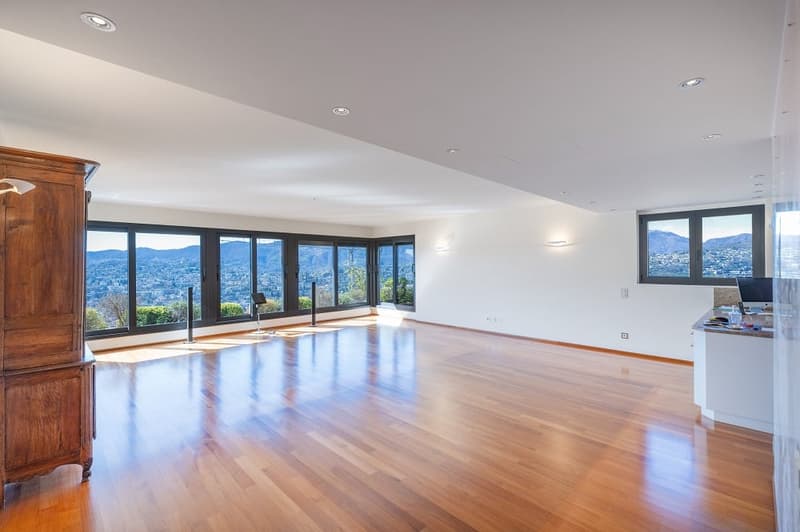 large room, hardwood floors, large windows, view of mountains