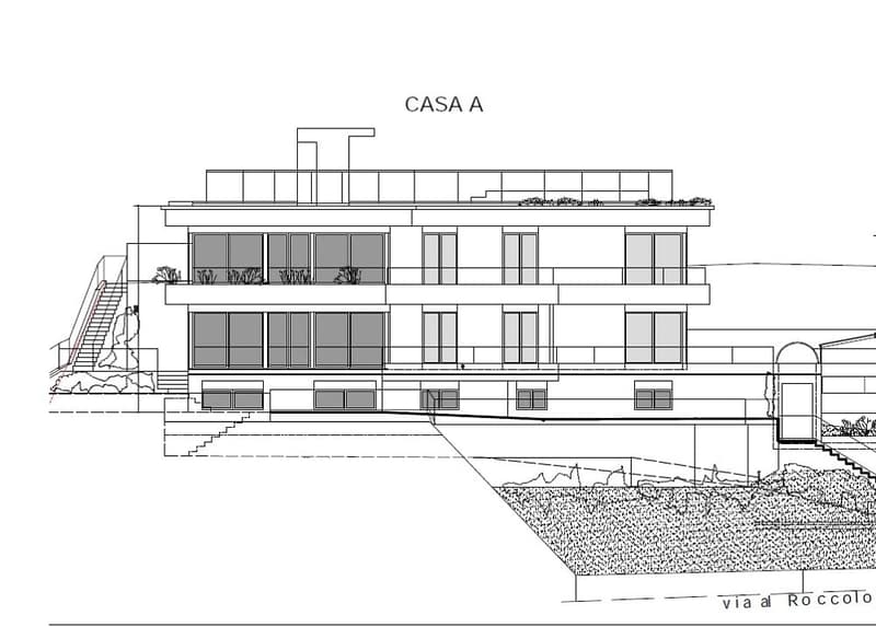 3 story building, multiple windows, balconies, stairs, garden