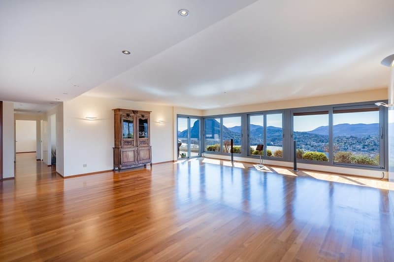 large room, hardwood floors, large windows, wooden cabinet, view of mountains