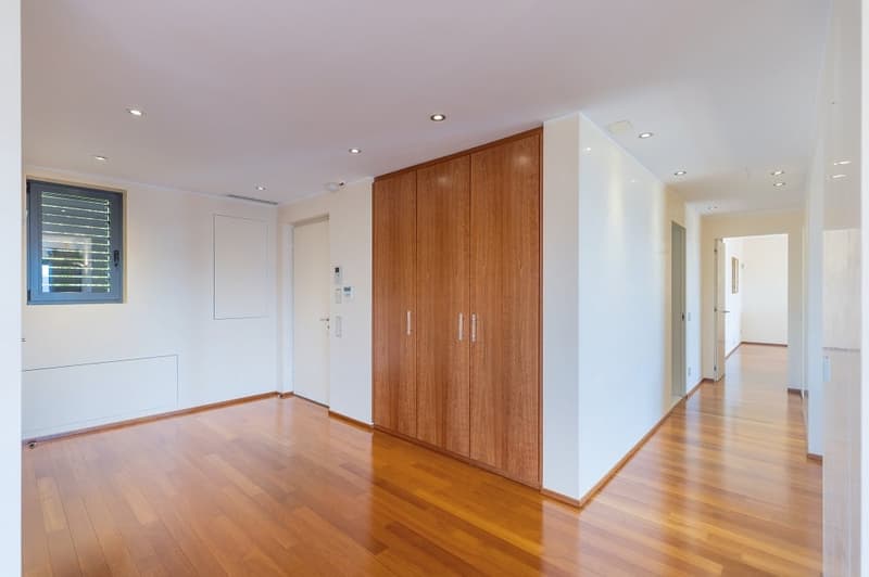 Empty room with wooden floor, white walls, wooden closet, and ceiling lights