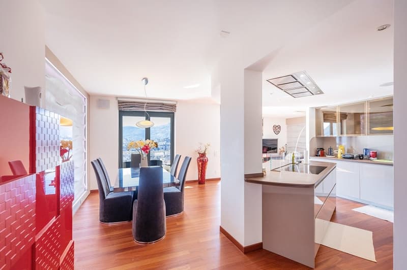 Dining room with wooden floor, large windows, dining table, chairs, kitchen with island, modern appliances