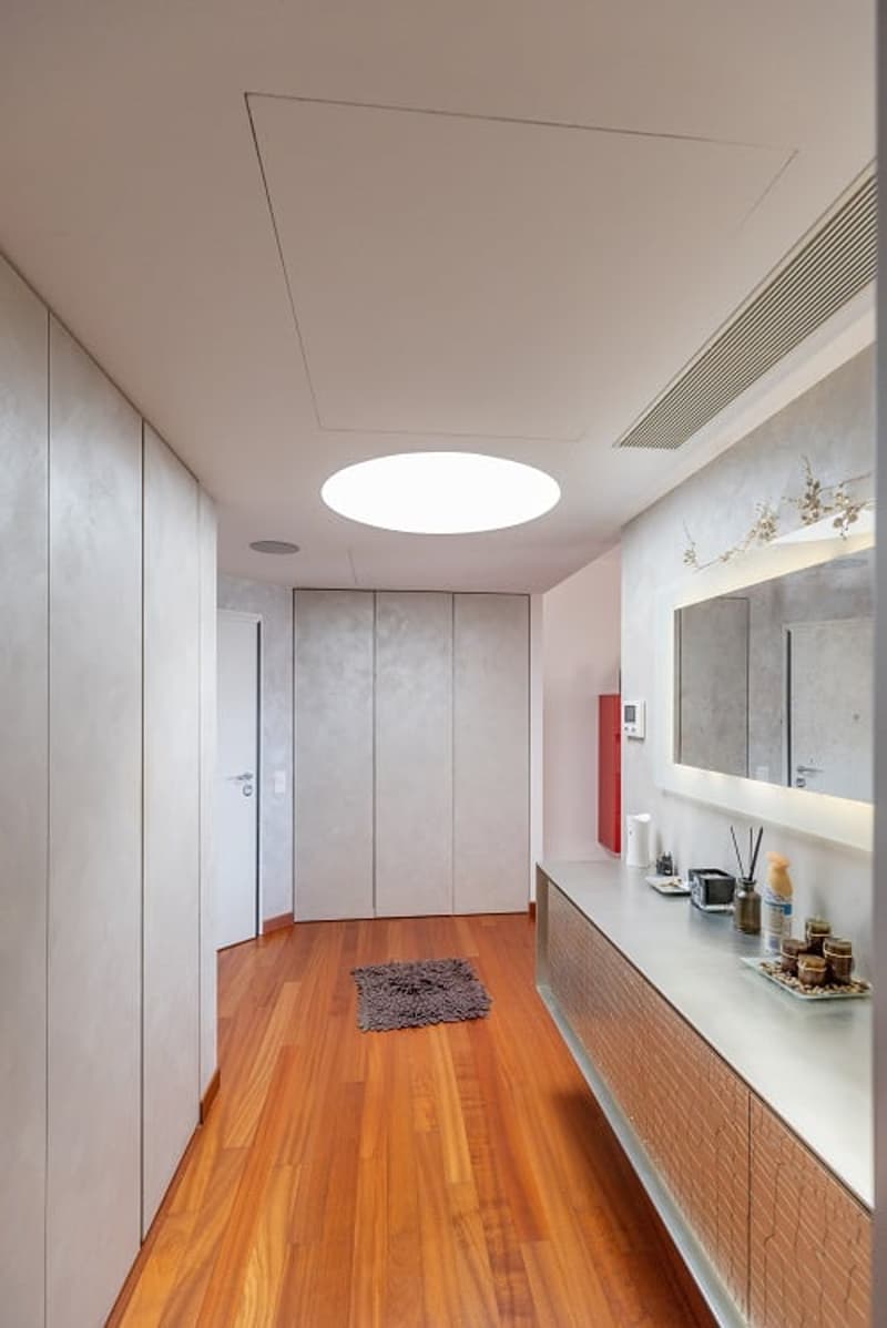 wooden floor, white walls, large mirror, round ceiling light, built-in cabinets, small rug