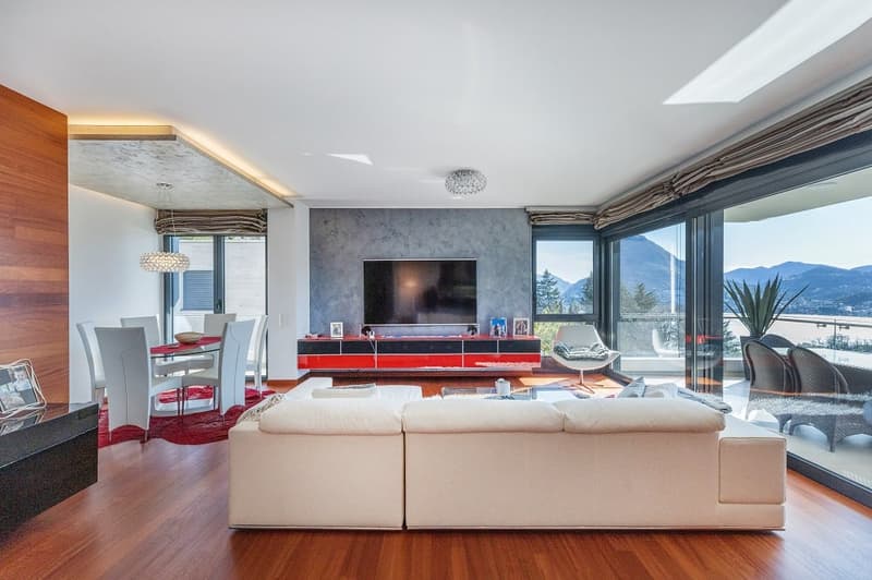 modern living room, white sofa, wooden floor, large windows, dining table, TV, red carpet