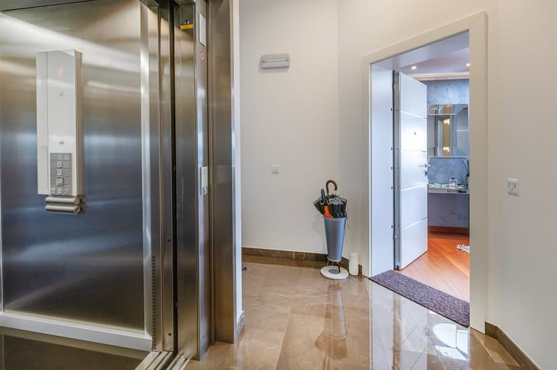 elevator, marble floor, open door, umbrella stand, hallway