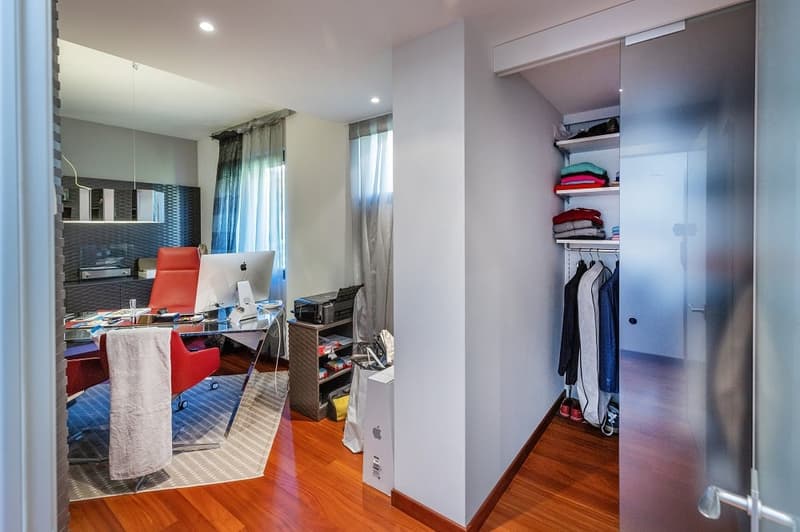 office desk, red chair, computer, printer, shelf, closet