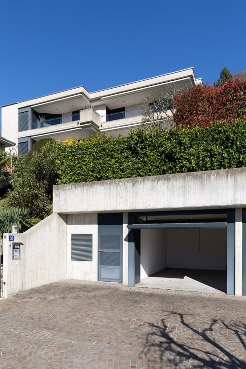 white modern house, concrete garage, brick driveway, hedges, trees
