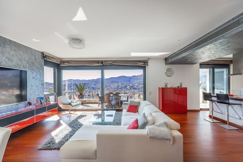large white sofa, glass coffee table, large TV, wooden floor, large windows, balcony