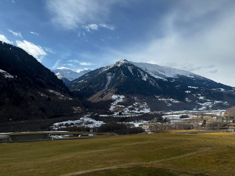 Wide, snowy mountain range with greenery in the valley and a clear sky