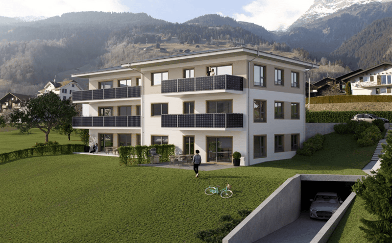 Two story house, solar panels, balconies, garage, car park, mountain view