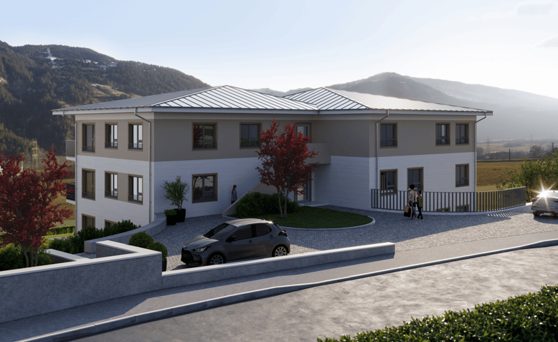 Two-story house, modern design, gray roof, multiple windows, fenced yard, car parked in front
