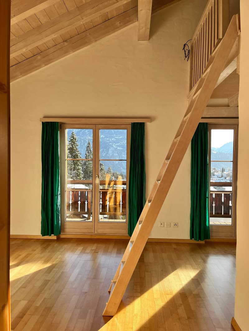 empty room, wooden floor, wooden staircase, glass doors, curtains, balcony