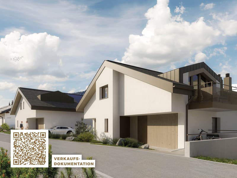 modern house, white walls, raised ground floor, balcony with railing, garage, large rock in front of house