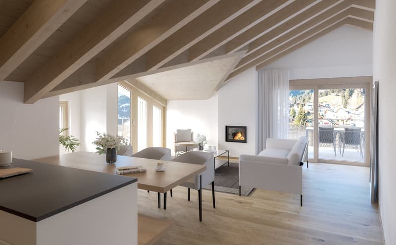 open room, fireplace, sliding door, wooden floor, chairs and table, outdoor