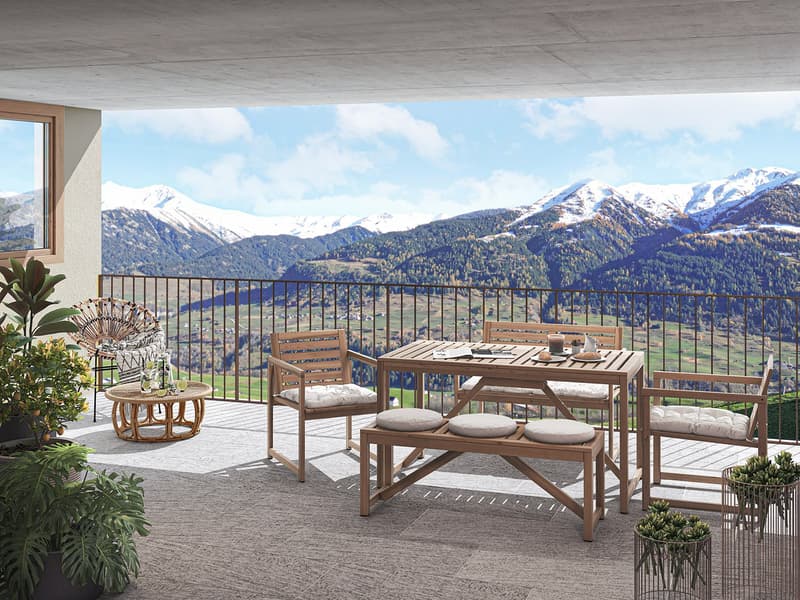 Outdoor area with a balcony, a wooden table and chairs, a bench, and plants.