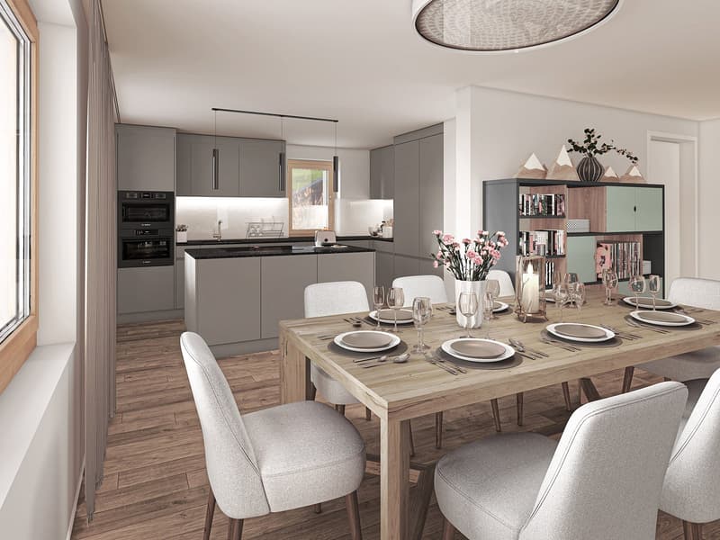 Dining room: wooden table, grey chairs, kitchen visible, bookshelves, plants, chandelier