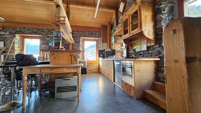 kitchen with island, stone walls, wooden cabinets, appliances, windows