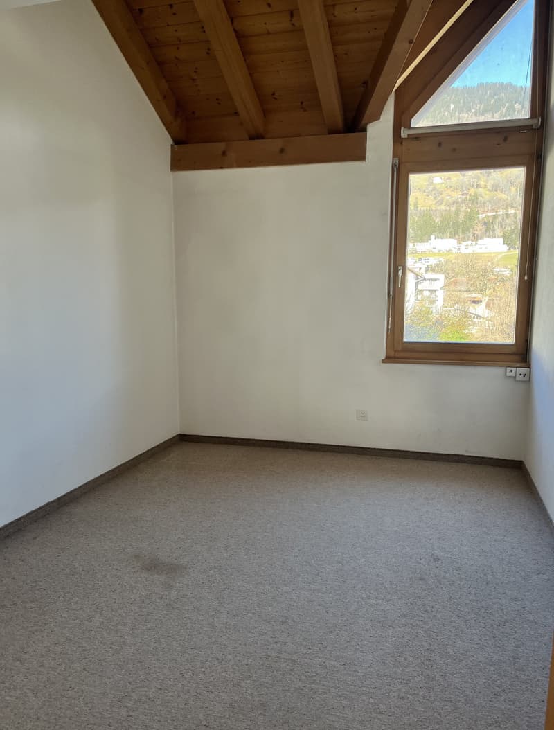 empty room, white walls, wooden ceiling, carpeted floor, window with view