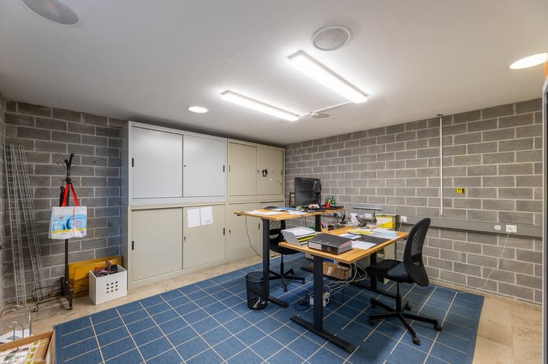 2 desks, chairs, cabinets, brick walls, power outlets, trash bin, blue carpet