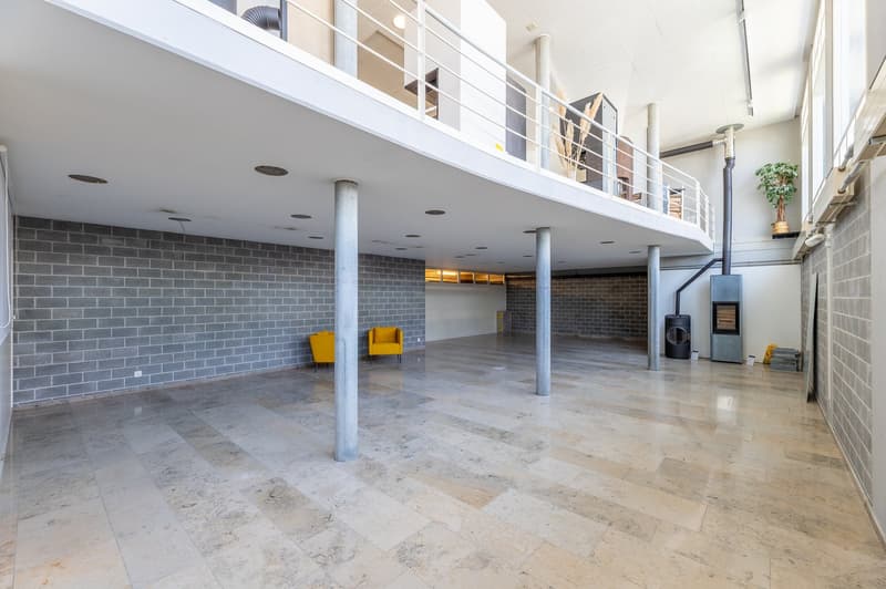 Open space, raised floor, pillars, large windows, balcony, yellow chairs, fireplace, plant