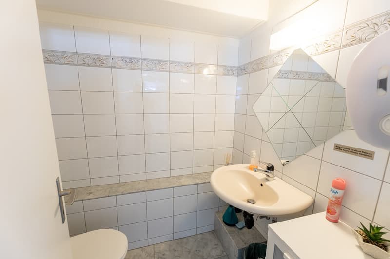 modern bathroom with white tiles, shower area, toilet, sink, bench