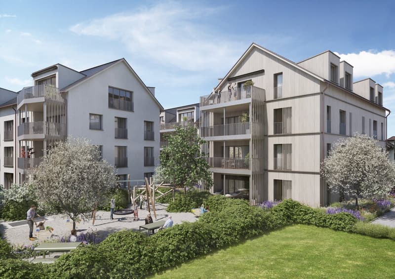 Blick auf das Mehrfamilienhaus C (links) und B (rechts)