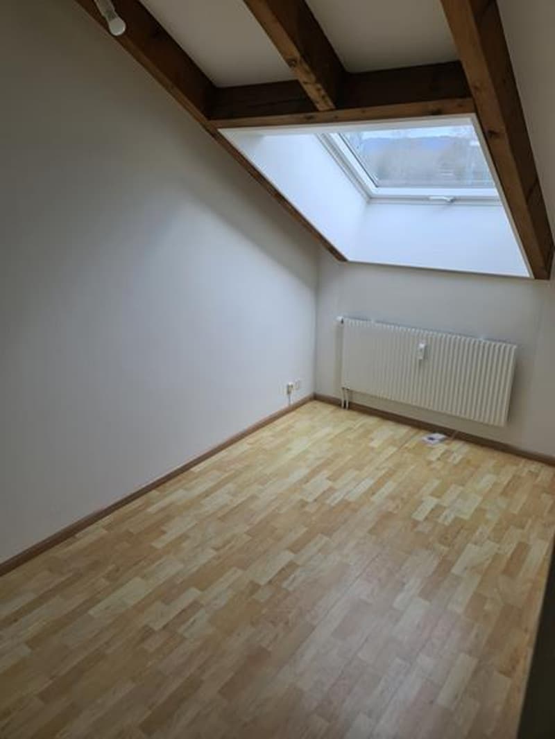 Spacious bedroom with hardwood flooring, white walls, and exposed wooden beams on the ceiling. The room features a large skylight window, providing ample natural light.