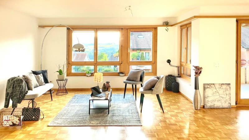 Wohnzimmer mit Terrasse und Aussicht über das Reusstal