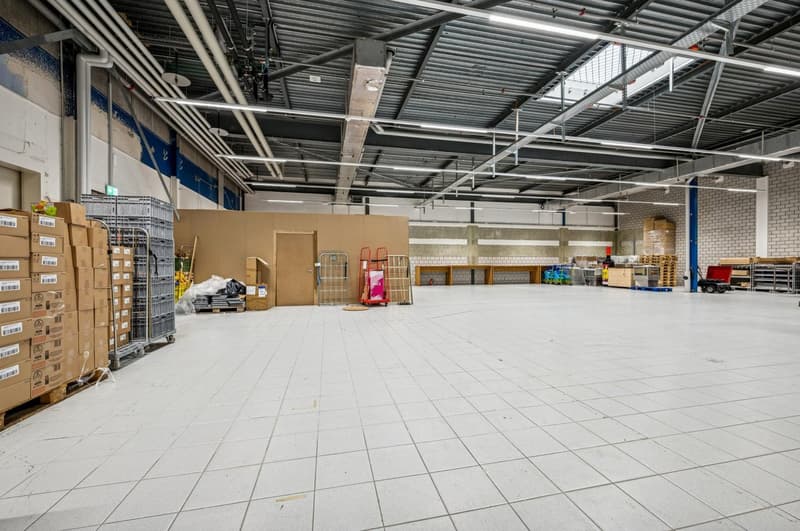 Wide open space with ceiling mounted lights, stacks of brown boxes, a red trolley with a pink box, and a wooden bench