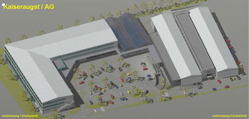 Office buildings with solar panels, ample parking, landscaped area