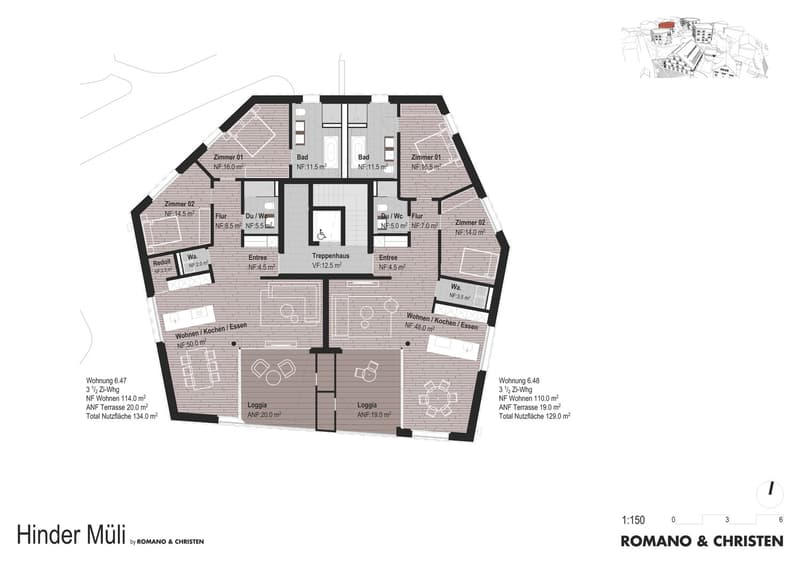 The floor plan shows a multi-unit residential building with two apartments, 6.47 and 6.48. The building has a total usable area of 134.0 m2 and 129.0 m2 respectively. The apartments each have 2 bedrooms, a living room, kitchen, bathroom, and a loggia (bal