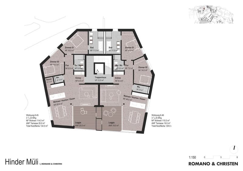 The image shows a floor plan of a residential building. It consists of two apartments, labeled as Wohnung 6.45 and Wohnung 6.46, each with a living room, kitchen, dining area, two bedrooms, two bathrooms, and a loggia (balcony). The building also has a st