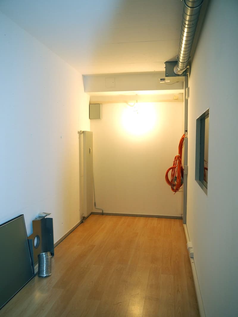 empty hallway, light wooden floor, white walls, metal vent pipe, electrical box, orange electrical cables, small grey door in the hallway