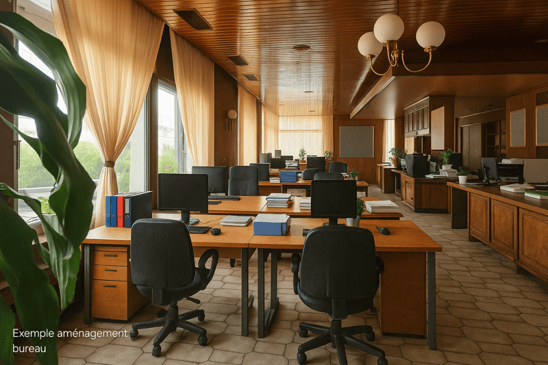 modern office with desks, monitors, plants, wooden cabinets, windows with curtains