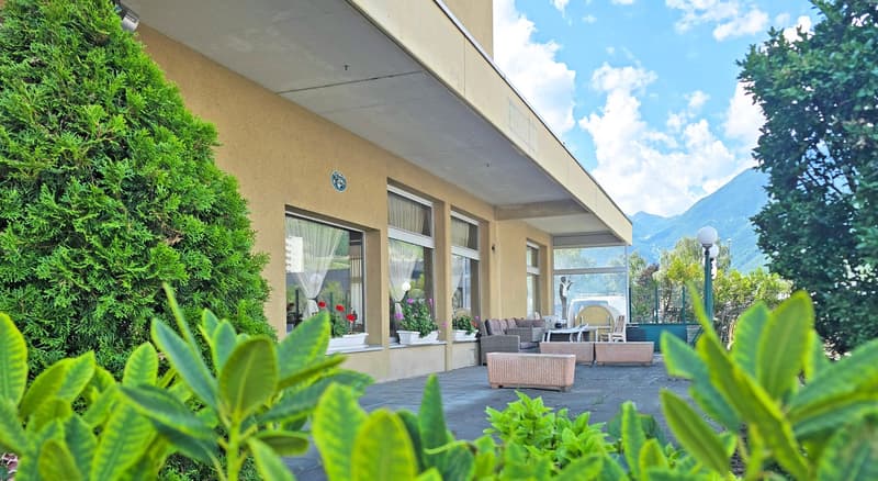Facade of a building, beige color, multiple windows, some have curtains, outdoor couches, plants in front, street lamp, view of mountain in the distance