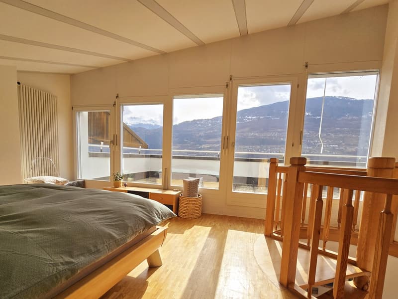 wooden bed, nightstand, balcony, window with view