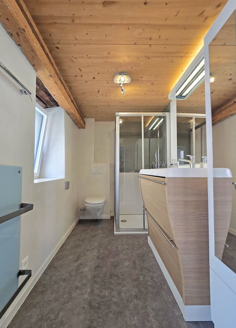 modern bathroom with wooden ceiling, white walls, gray floor, glass shower, white toilet, white sink, wooden cabinet, mirror